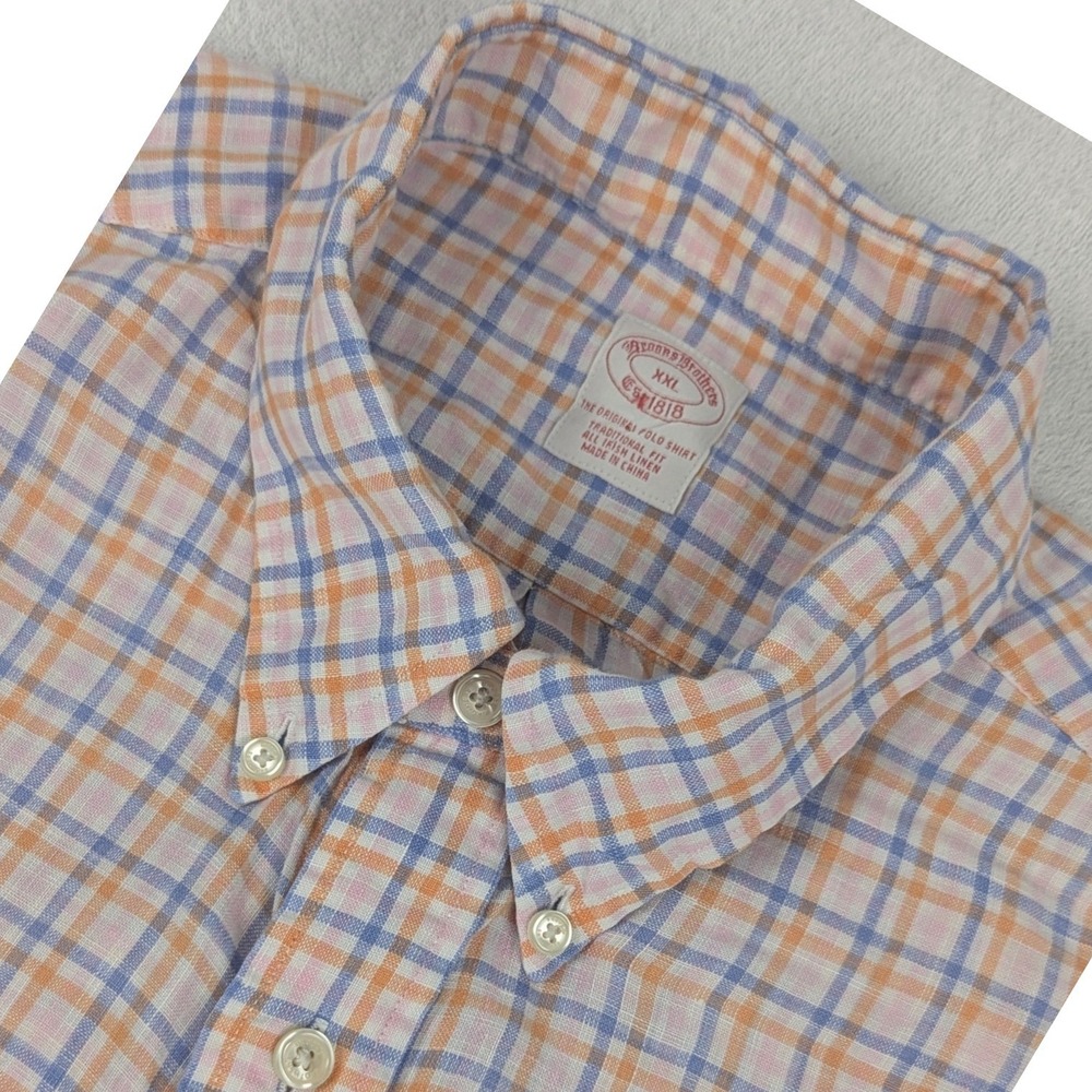 Brooks Brothers Mens XXL Irish Linen Short Sleeve Plaid Button Down Shirt